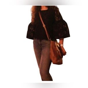 DO+BE NWT Fluted sleeve lace top with key hole closure black small